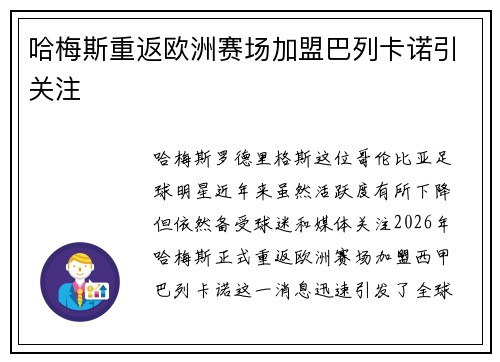 哈梅斯重返欧洲赛场加盟巴列卡诺引关注